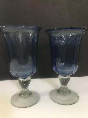 Mariposa Glitz Blown Glass Cobalt And Clear Water Goblets Set Of Two Hand Blown • $17.77
