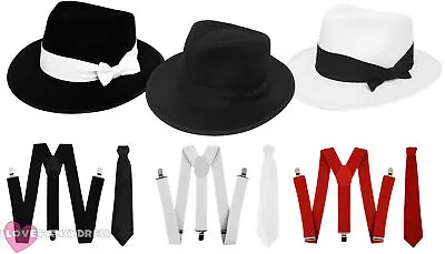 Gangster Hat Braces Tie Felt Trilby Fedora Al Capone Fancy Dress 55cm 58cm 60cm • £10.99