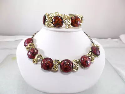 VTG 1950's Coro Red And Gold Confetti Lucite Choker Necklace And Bracelet Set • $20