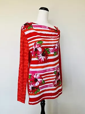 DESIGUAL Women’s Red Stripe Floral Print Logo Long Sleeve Top Size L Large 14 • $39.95