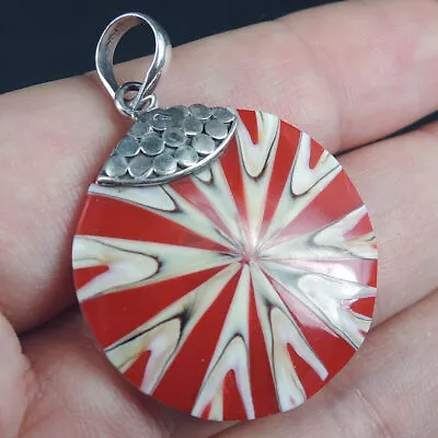 925 Sterling Silver Small Round Shell & Red Resin Pendant Jewellery NSP-222 • $5.32