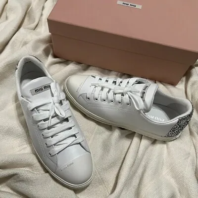 MIU MIU White Leather Silver Glitter Back Low-Top Women’s Sneakers 37.5 NEW • $508