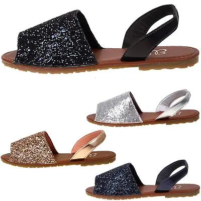 New Womens Ladies Glitter Slingback Flat Menorcan Open Toe Spanish Sandals Shoes • £12.95