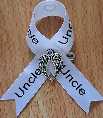 White 'Uncle' Memorial Ribbon With White Writing And Angel Wings  • £2.99