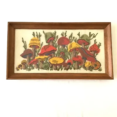 Vintage Mushroom Crewel Completed Merry Mushroom Style Theme Wood Frame W/ Glass • $250