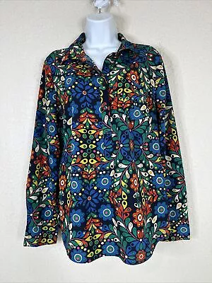 Merona Womens Size L Colorful Retro Floral Popover Shirt Long Sleeve • $12