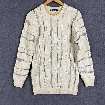 Purely Merino Jumper Mens Medium White Grey Coogi 3D Knit Ugly Wool Vintage • $99.95