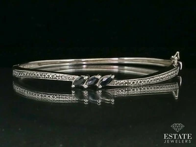 $49 • Buy Estate Sterling Natural Blue Sapphire & Diamond Bangle Bracelet 12.6g I11948