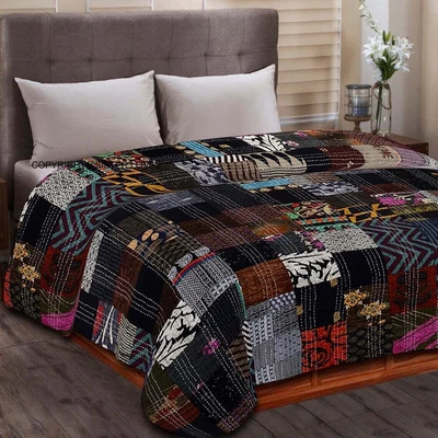 £62.39 • Buy Indian Handmade Silk Patchwork Kantha Quilt King Size Blanket Bedspread Throw