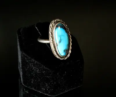 Vintage Sterling Silver Early Navajo Harvey Era Blue Turquoise 60's Sz 4.5  Ring • $59