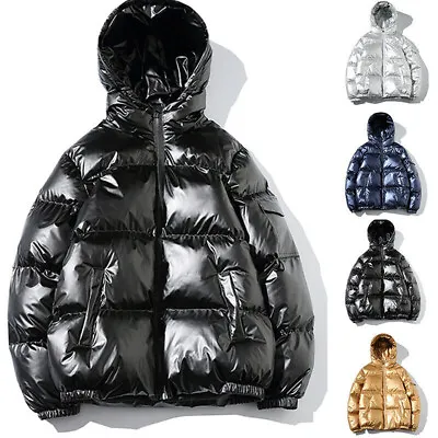 Men's Winter Wram Coat Shiny Hooded Cotton Jacket Bubble Puffer Casual Overcoat • $34.79
