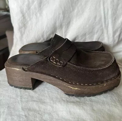 Vintage 90's J.Crew Chunky Wooden Suede Clogs Shoes Dark Brown US 7 EU 37 Italy • $38.50