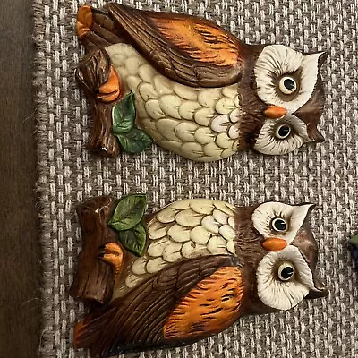 2 Vintage Owl Wall Hanging Art Plaque Chalk Ware Ceramic Made In Japan • $18