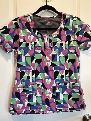 NRG By Barco Womens Scrub Top HEARTS Pink Green Short Sleeve SIZE SMALL • $9.34