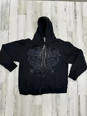 Vintage Avirex Size XL Black Zip Up Hoodie Biker Studded Cross Embroidered Rare • $95