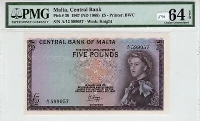 Malta 1967 5 Pounds PMG Certified Banknote UNC 64 EPQ Choice Pick 30 Bruce Smart • $474.99