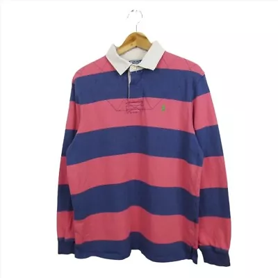 Ralph Lauren Rugby Shirt Polo Custom Fit Pink/Navy Striped - Size Men's L • £37.99