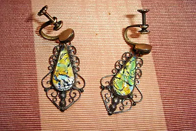 Vintage Lovely STERLING Teardrop ART GLASS Filigree Dangle Screw EARRINGS • $18