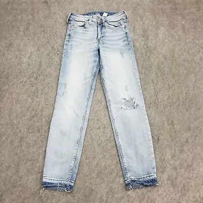 H&M Jeans Womens 0 Blue Straight High Rise Light Wash Denim Distressed 24x26 • $14.39