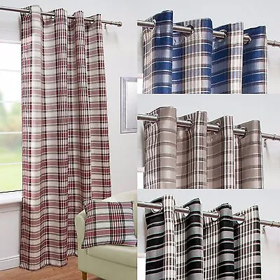 Isla Woven Twill Tartan Check Stripe Eyelet Curtain Panel - Blue Red Natural • £13