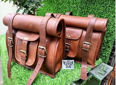 Pair Real Vintage Leather Roll Motorcycle Saddle Bag Brown Bags JMB TM • $65.70