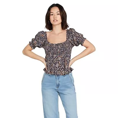 Volcom Women's Folk Yeah Shirt Puff Sleeve Empire Waist Top • $29.99