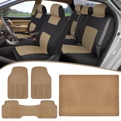 $59.90 • Buy Beige Front Rear 2-Tone Car Seat Covers+All Weather Floor Mats+Cargo Trunk Liner
