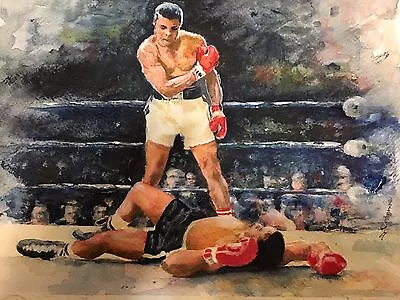 A-678 Original Watercolor Painting Muhammad Ali & Liston  Gift Idea Boxing Champ • $5