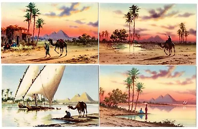 Egypt Four Different 1950's Watercolor Postcards Of The Nile And The Pyramids • £3.86