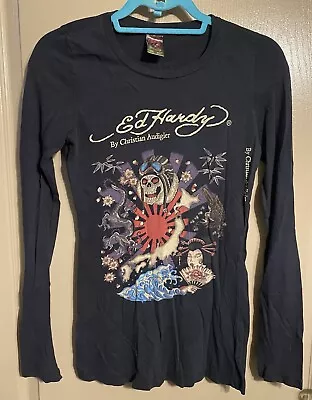 Ed Hardy Womens Black Long Sleeve Graphic T-Shirt Size Small • $25