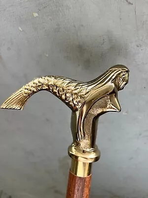 Antique Wooden Walking Stick With Mermaid Brass Handle Adjustable Cane For Adult • $32.78