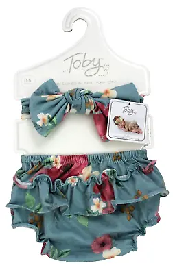 Toby Baby Girl's New Blue Floral Frilly Nappy Cover & Headband 0-6 Months • £12.99