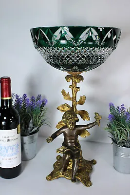 Vintage VAL SAINT LAMBERT Signed Crystal Bowl Putti Bronze Vase Centerpiece • $735