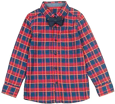 M&S Baby Boys Check SHIRT C/w BOW TIE Pure Cotton RED BLUE Long Sleeve 3-6 Month • £12.99