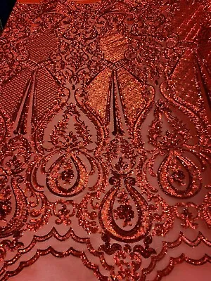 By Yard/ 4 Way Stretch Sequins Fabric/ Embroidered Mesh Lace Geometric/ Red Lace • $36.90