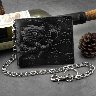 Balck Men Real Leather Vintage Dragon Wallet With Chain Card Holder Purse • $21
