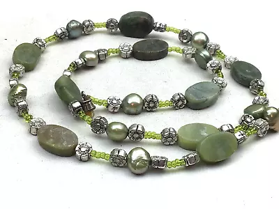 Vintage Style Necklace Serpentine Jade Gemstone Freshwater Pearl Beaded NO OFFER • $10