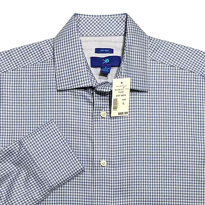 Egara Non-Iron Shirt Mens Large 100% Cotton Blue Houndstooth Long Sleeve NWT $89 • $28.95