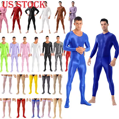 Mens Wetlook Shiny Bodystocking Jumpsuit Full Body Long Sleeve Bodysuit Costume • $6.22