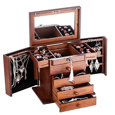 $119.99 • Buy Brown Large Wooden Jewellery Box Rings Display Cabinet Earring Storage Organiser