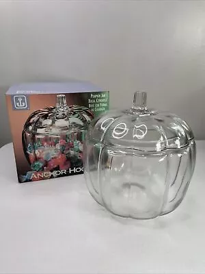 Vintage Anchor Hocking Pumpkin Jar Candy Cookie Clear Glass With Lid 7.5” Tall • $16.99