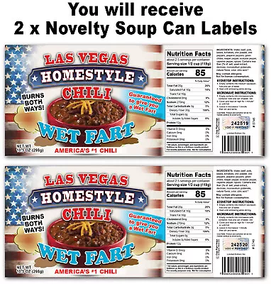 2x Funny Wet Fart Las Vegas Nevada Chili Soup Can Labels - Joke Gift Present Gag • $4.88