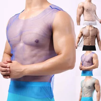 Sheer See Through Fishnet Tank Top Vest Men's Gym Mesh T Shirt Clubwear • £5.53