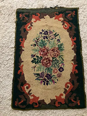 Antique Vintage Rug Floral 41”x27” Needs Repair Teal Rose Purple With Oval • $36.95