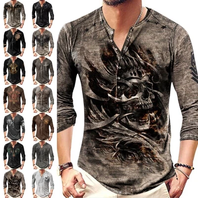 £12.99 • Buy Mens Long Sleeve V Neck T Shirt Casual Baggy Henley Shirt Vintage Tops Blouse UK