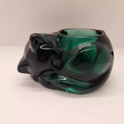 Vintage Indiana Glass Emerald Green Sleeping Cat Votive Tea-light Candle Holder • $12.99