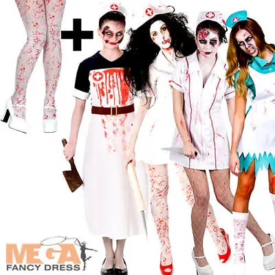 Undead Zombie Nurse + Tights Ladies Halloween Fancy Dress Womens Adults Costumes • £9.99