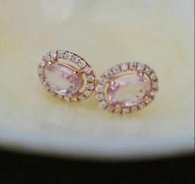 2Ct Oval Pink Morganite Diamond Push Back Halo Stud Earrings 14K Rose Gold Over • $46.20