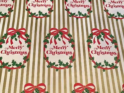 Vtg Merry Christmas Wrapping Paper Gift Wrap Nos Gold Stripe • $5.24