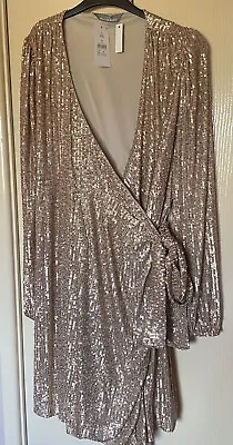 George - Champagne Gold Sequin Maternity Wrap Dress Size 16 • £18